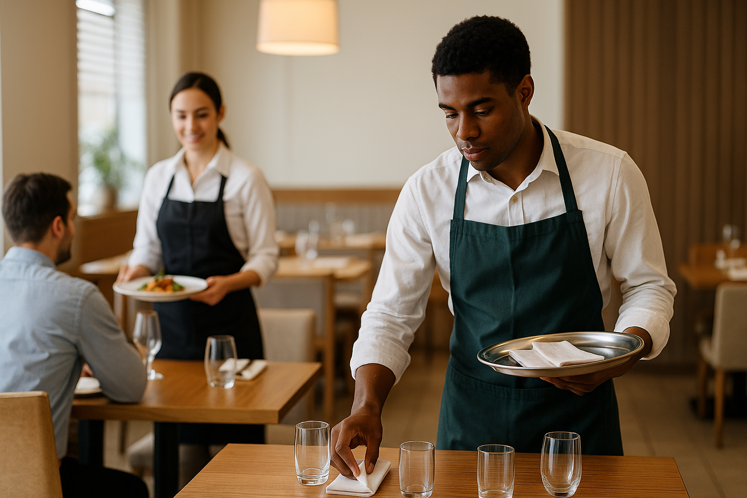 Restaurant busser clearing a table while server delivers food to a guest