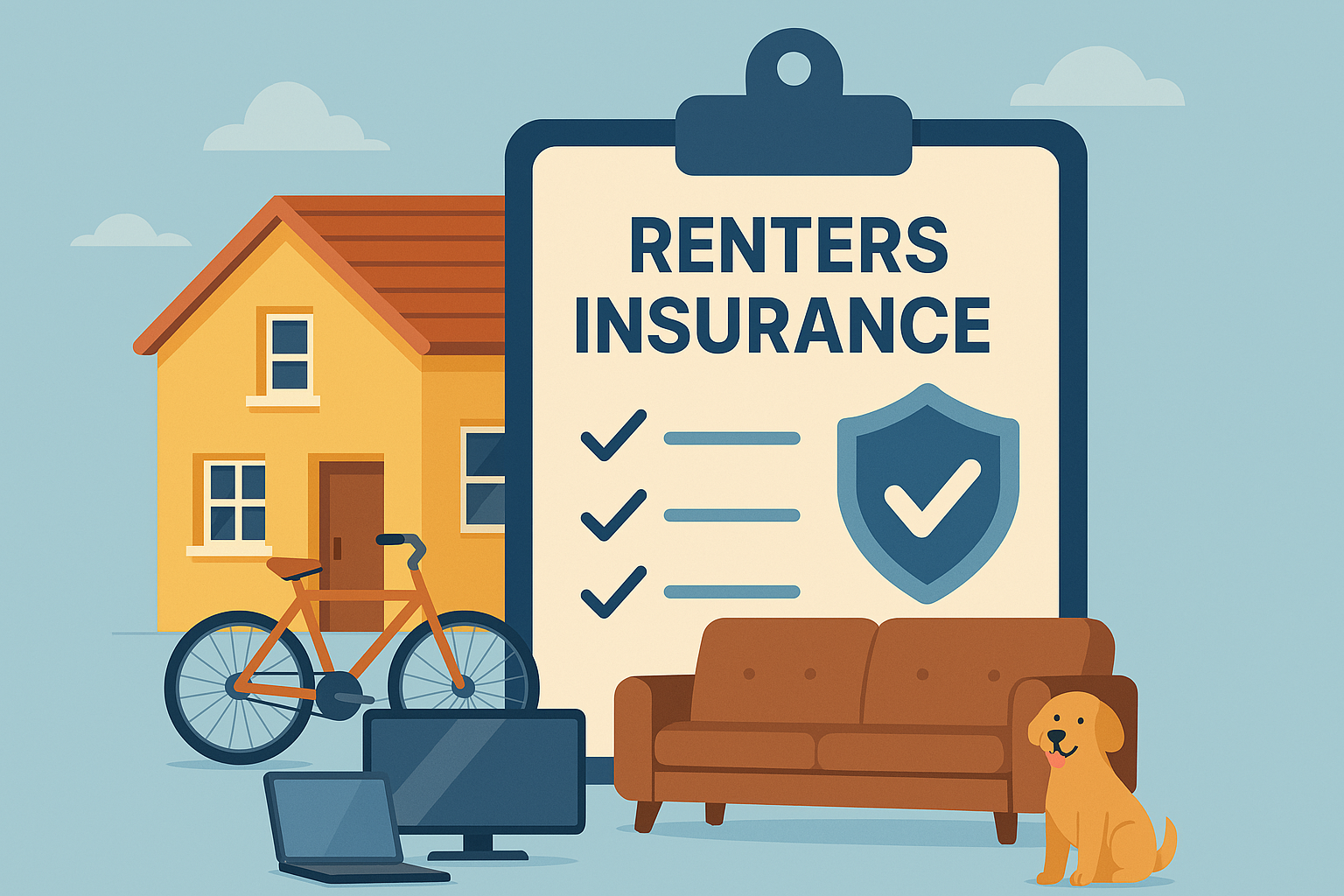 Renters insurance banner with house and personal items