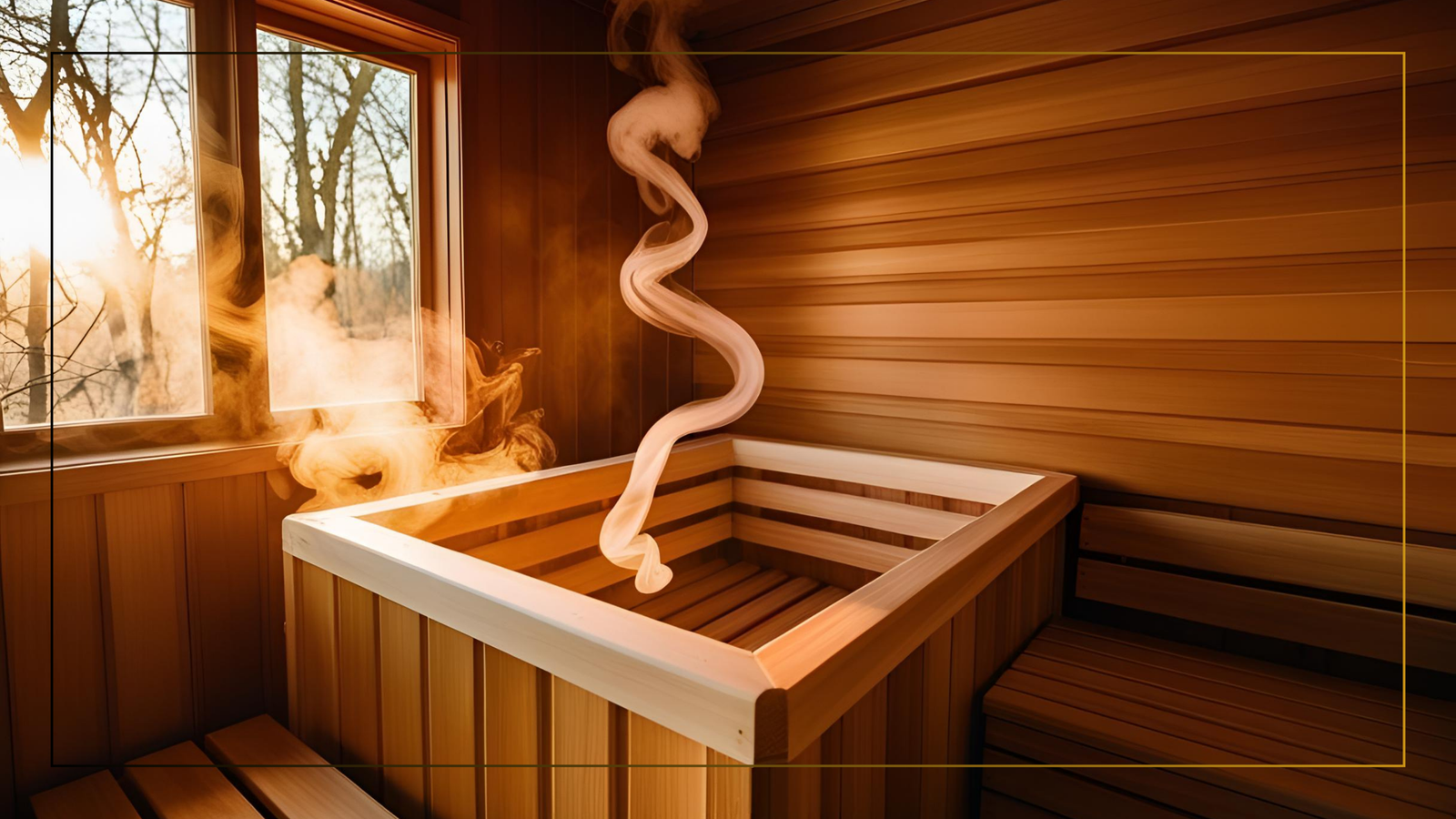 Traditional sauna interior with wooden benches, hot stone heater, and water bucket