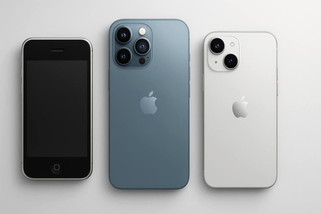 Stack of iPhones from first model to iPhone 17 showcasing Apple’s smartphone evolution timeline (2007–2025)