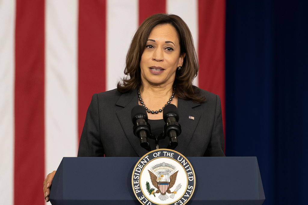 Kamala Harris at a podium - DEI Hire Backlash
