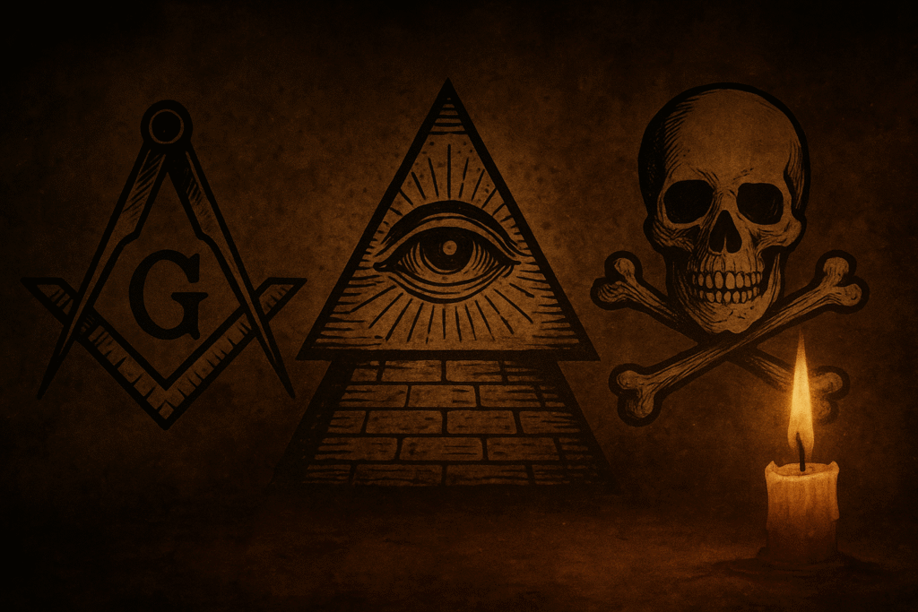Symbols of Illuminati, Freemasons, and Skull and Bones secret societies on aged parchment with candlelight