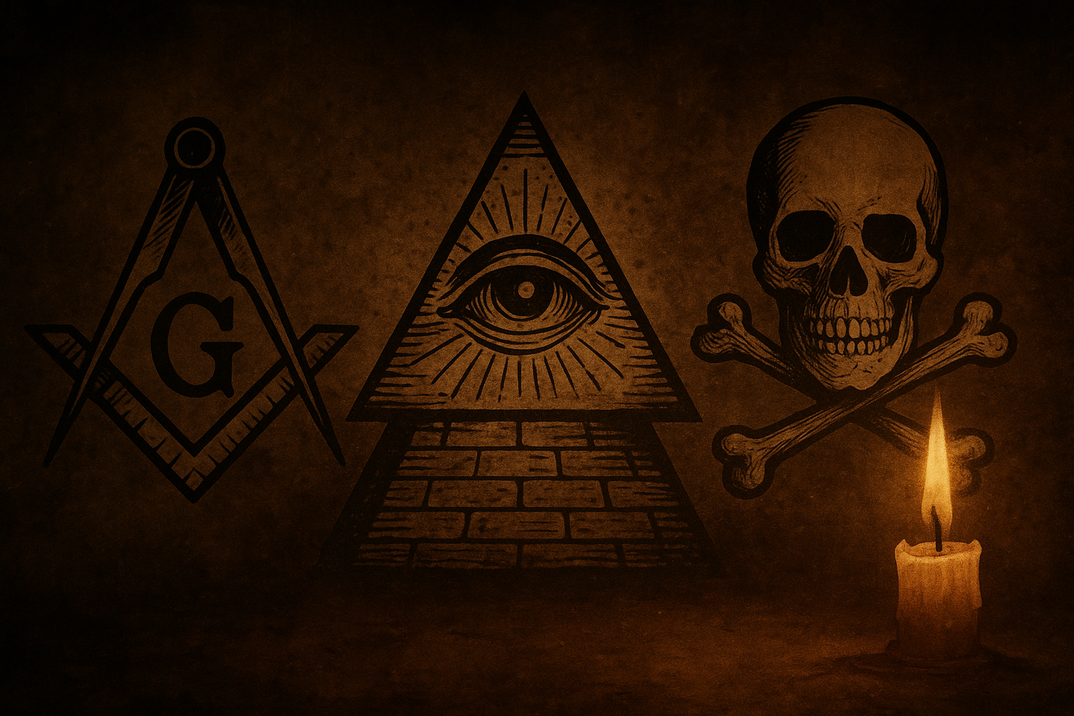 Symbols of Illuminati, Freemasons, and Skull and Bones secret societies on aged parchment with candlelight