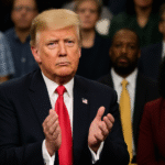 Donald Trump clapping during a political event amid diverse audience, representing the DEI political controversy in the United States