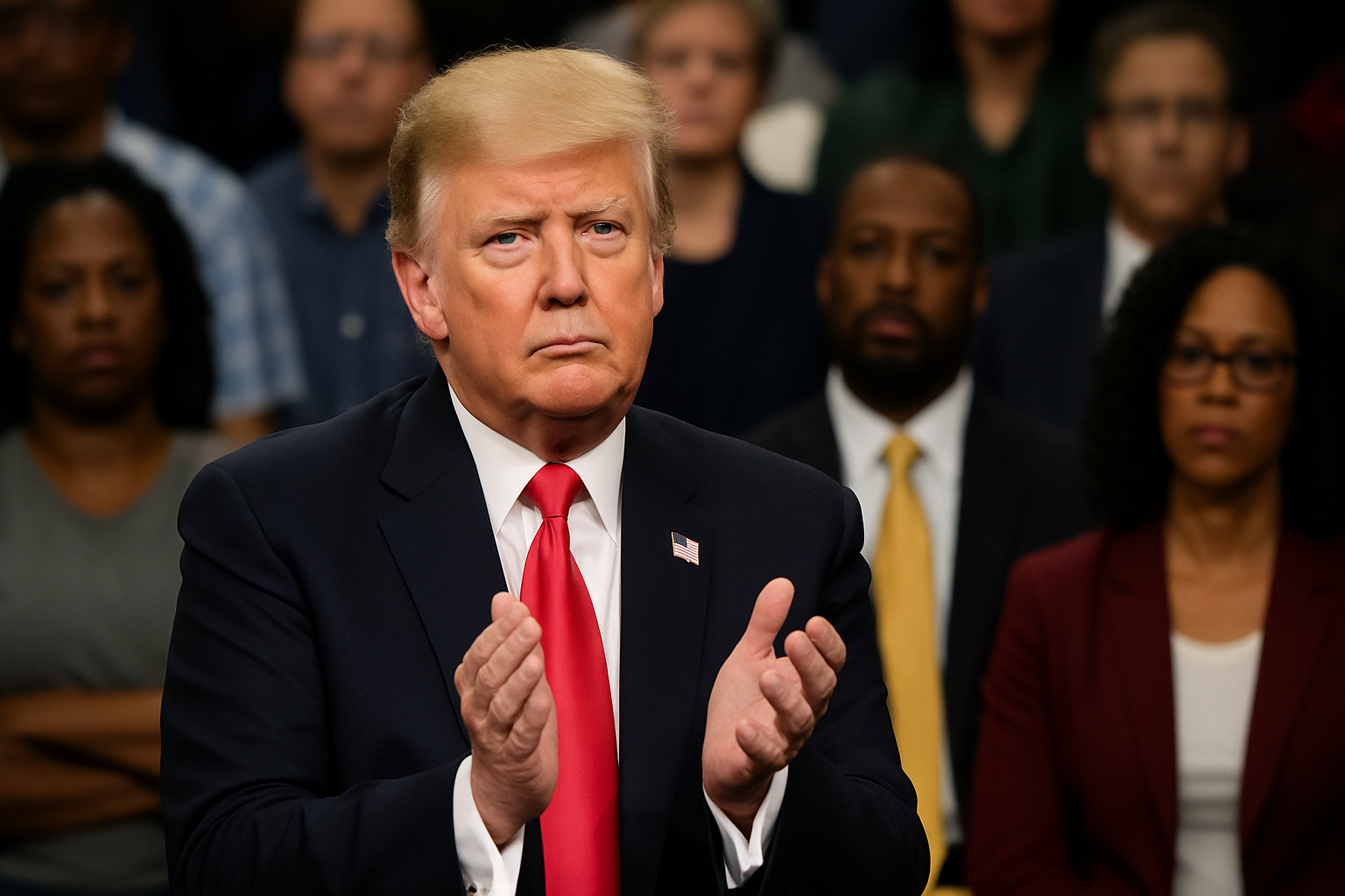 Donald Trump clapping during a political event amid diverse audience, representing the DEI political controversy in the United States