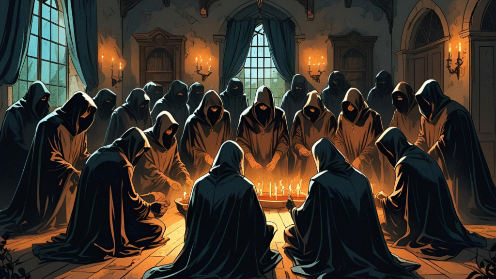 Hooded figures performing a secret society ritual by candlelight in a dark ceremonial chamber