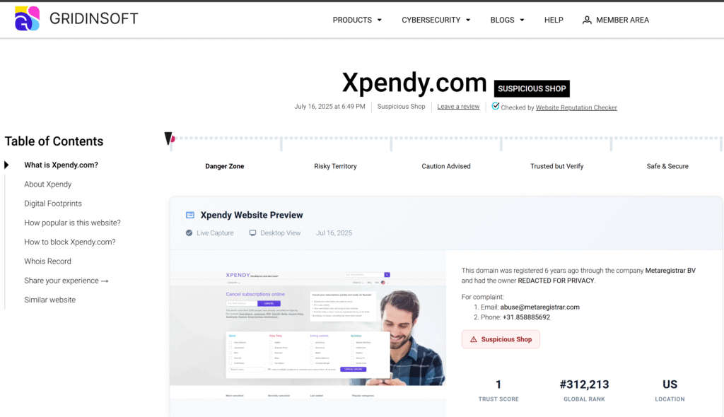 Review of Xpendy.com shop at Gridinsoft
