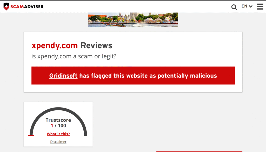 Xpendy trustscore on Scamadviser