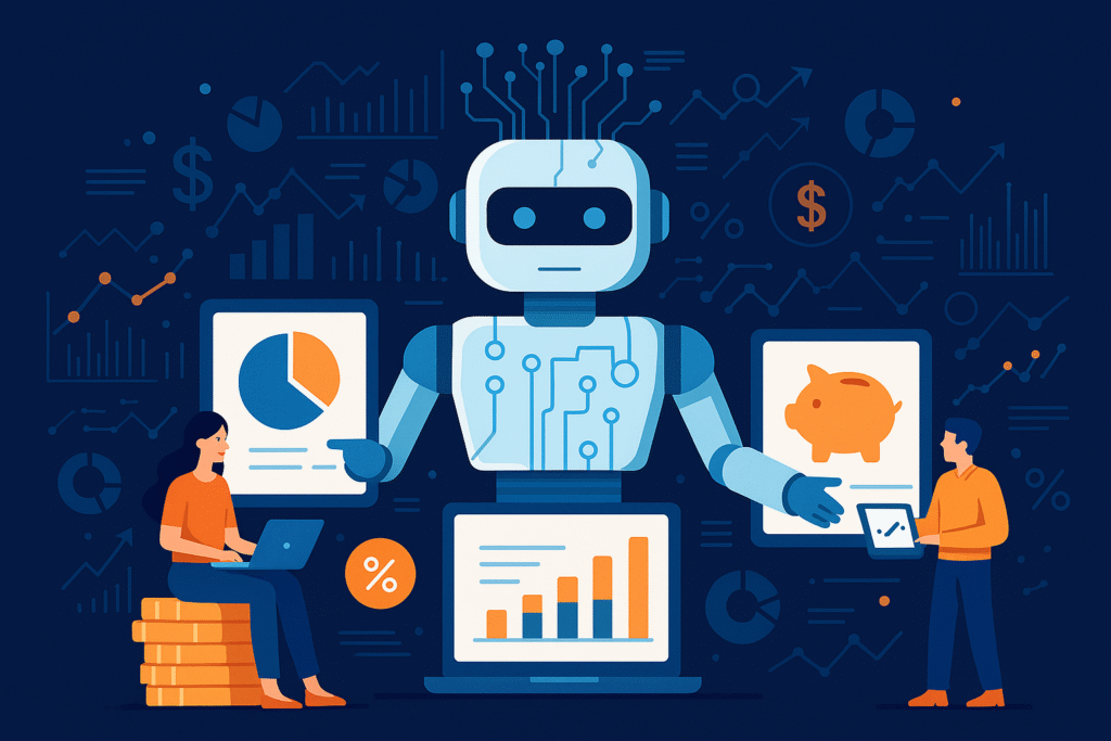AI technology integrated with personal finance, featuring abstract icons for budgeting, investing, and financial planning.