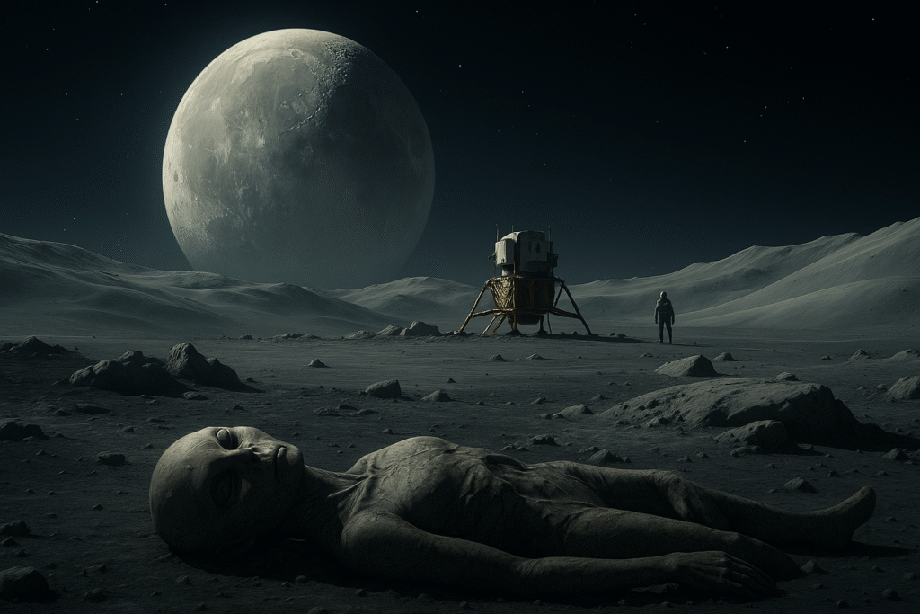 Astronauts on the Moon discovering a crashed alien spacecraft with a mysterious figure lying nearby
