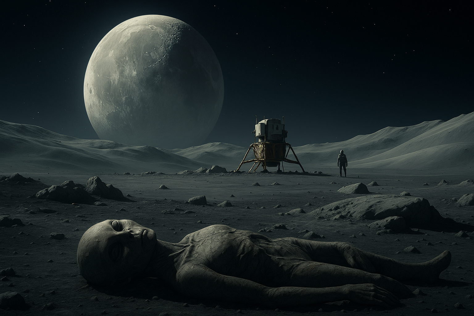Astronauts on the Moon discovering a crashed alien spacecraft with a mysterious figure lying nearby
