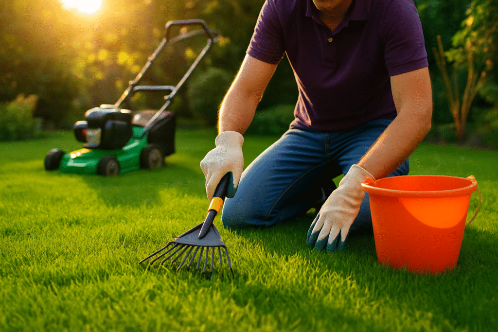 Gardener tending a green lawn with rake and mower at sunset