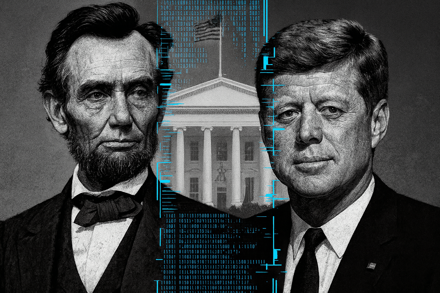Lincoln and Kennedy digital artwork with glitch effect and matrix code background