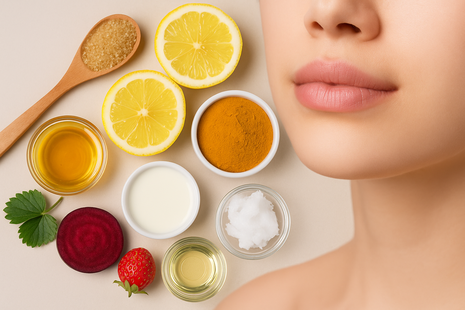 Natural home remedies with honey, aloe vera, rose petals, and beetroot for soft pink lips