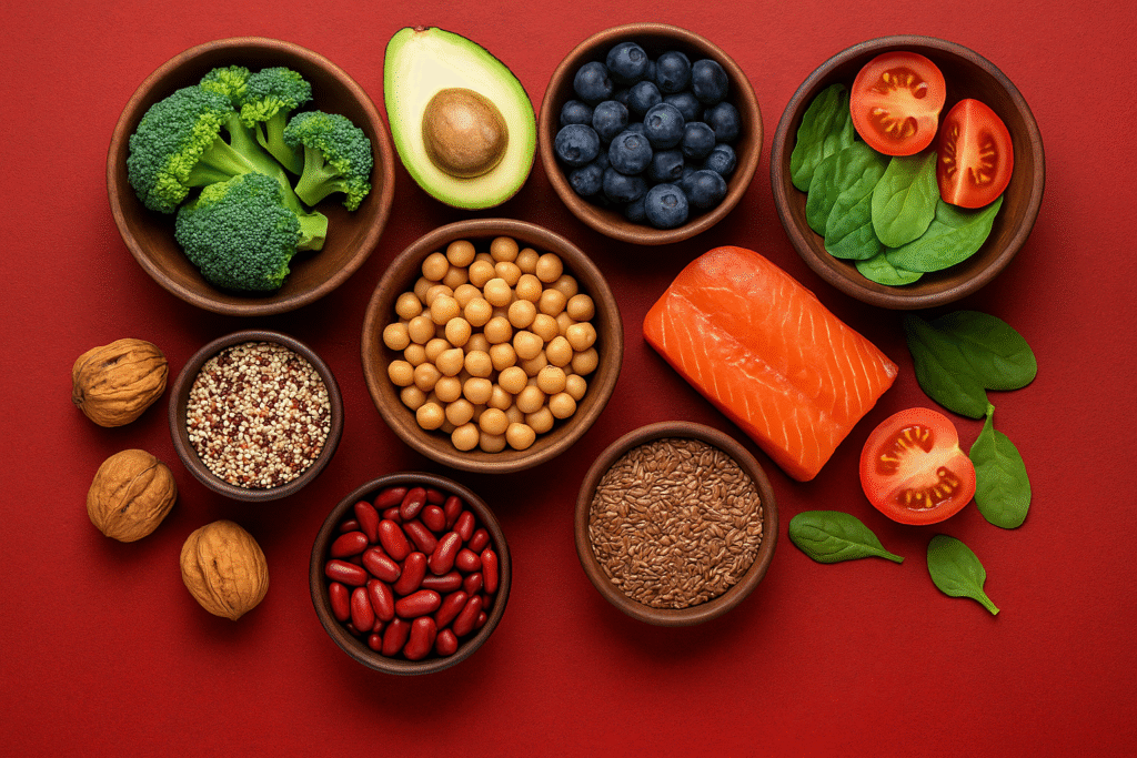Cancer diet foods including salmon, broccoli, avocado, beans, quinoa, and spinach on red background