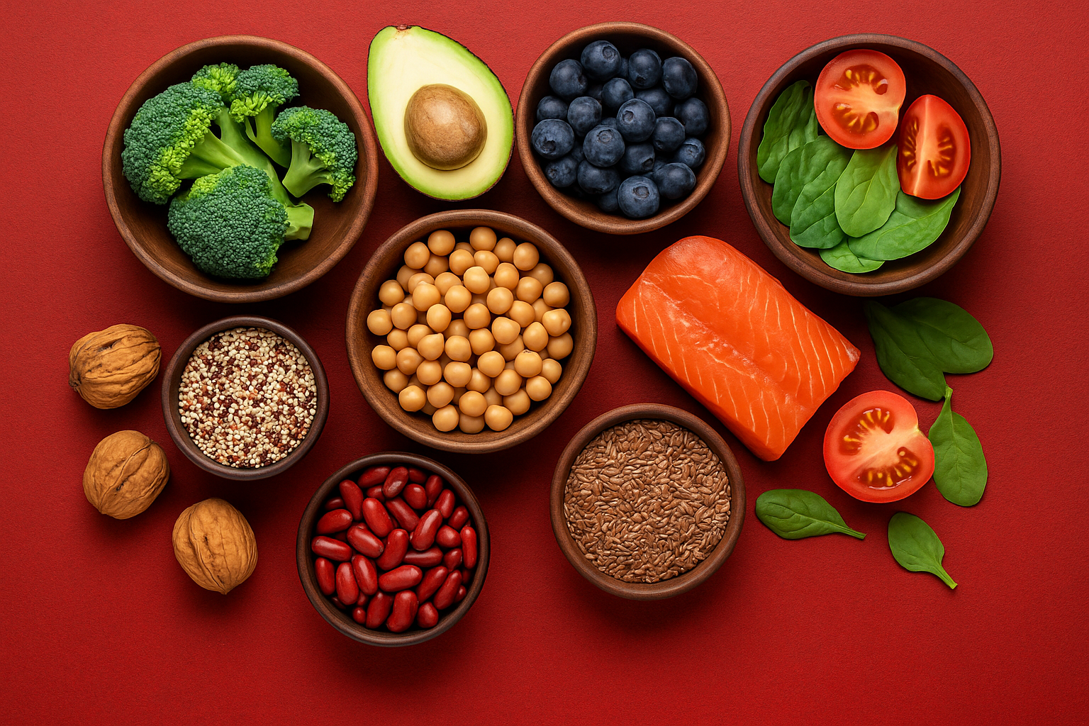 Cancer diet foods including salmon, broccoli, avocado, beans, quinoa, and spinach on red background