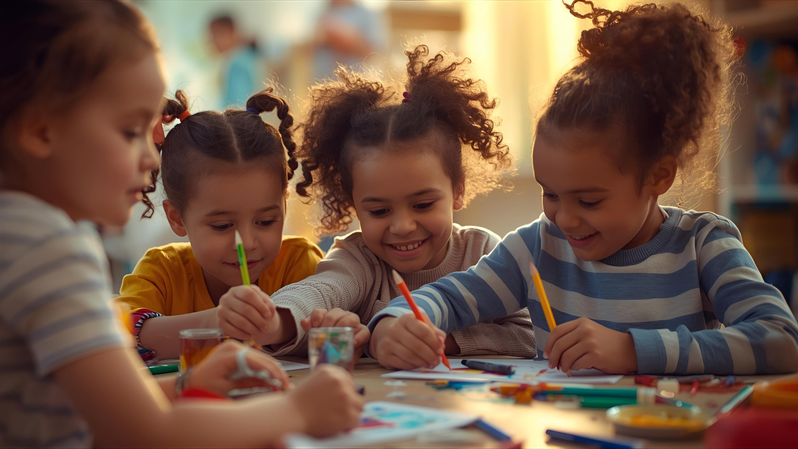 Children engaged in screen-free activities like reading, playing ball, and building blocks