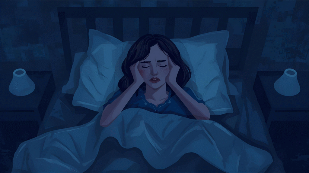 Woman lying awake in bed at night, depicting insomnia and sleep problems in women
