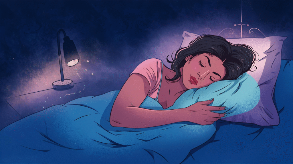 Woman relaxing before bedtime in a cozy bedroom, representing healthy sleep routine