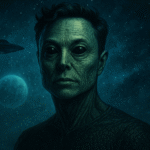 Alien-inspired portrait of Elon Musk under a cosmic sky with a UFO and glowing planet, symbolizing the Elon Musk alien theory