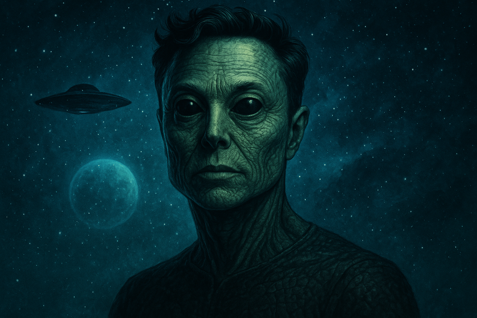 Alien-inspired portrait of Elon Musk under a cosmic sky with a UFO and glowing planet, symbolizing the Elon Musk alien theory