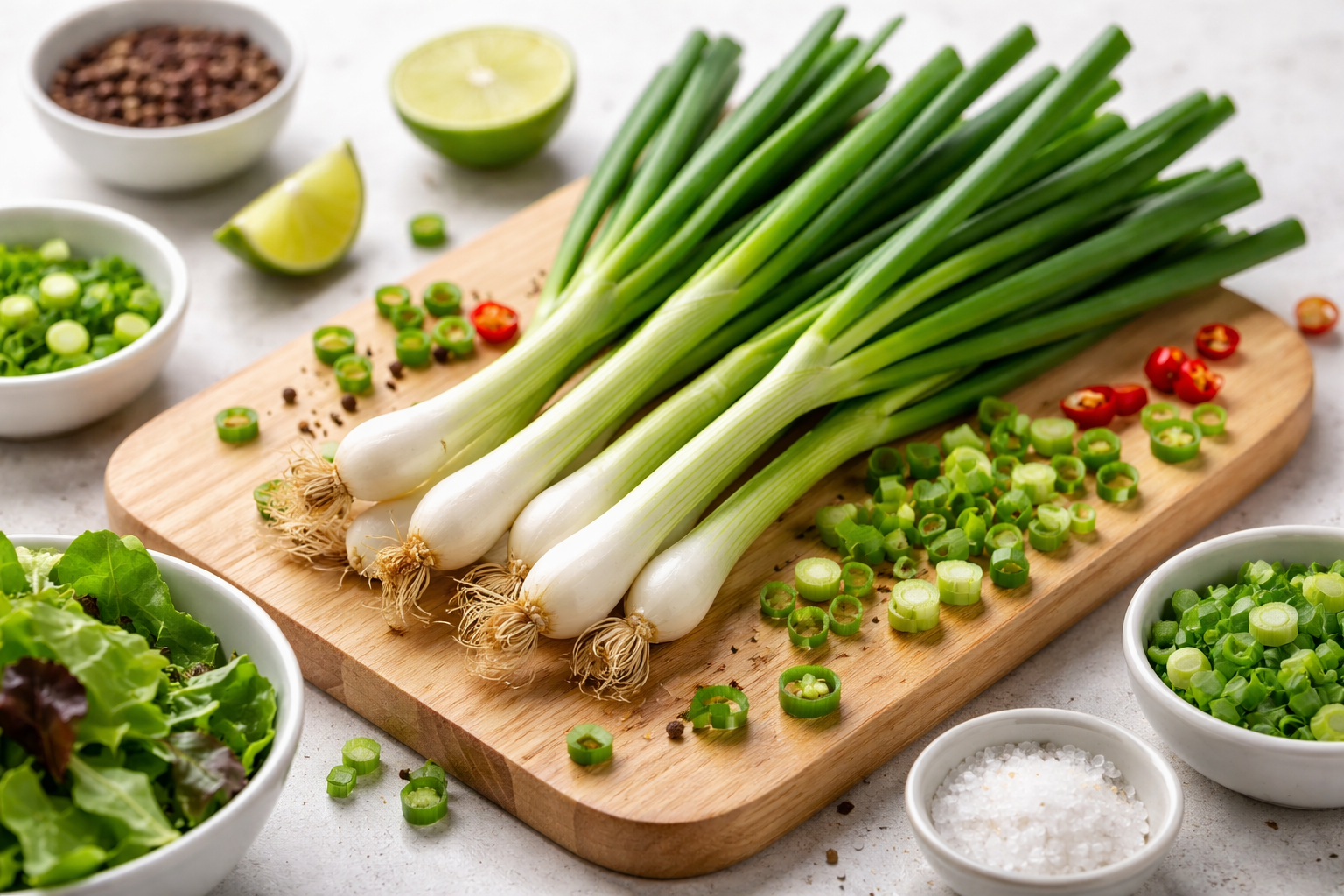 Fresh spring onions arranged on a wooden board with chopped green onions and herbs