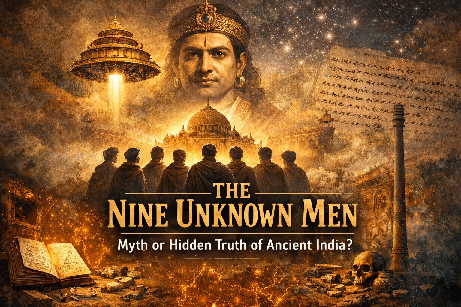 The Nine Unknown Men secret society illustration with Emperor Ashoka and ancient Indian symbols