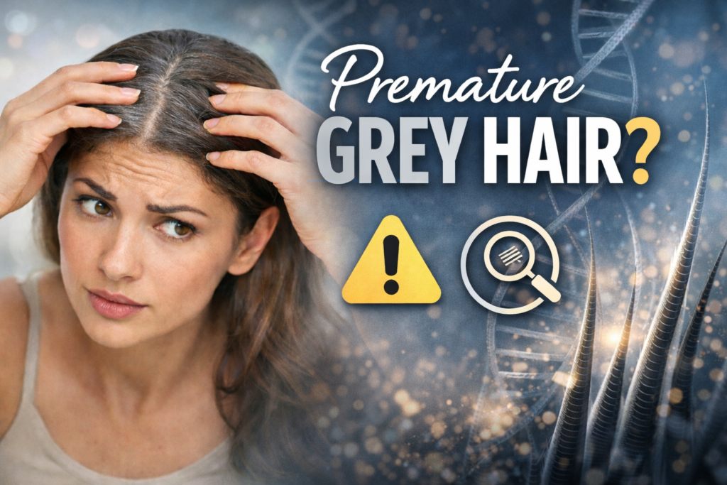 Young woman noticing premature grey hair at the scalp