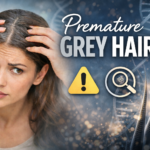 Young woman noticing premature grey hair at the scalp