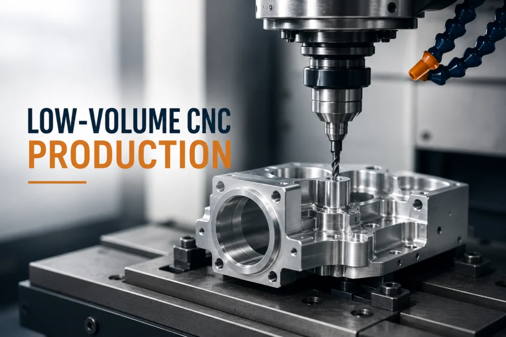 CNC machine producing a precision metal part for low-volume CNC production